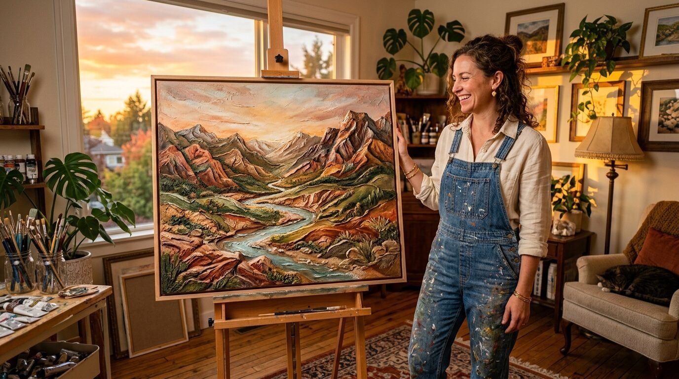 A woman in denim overalls standing beside an easel holding a thick textured landscape painting of mountains and a river.