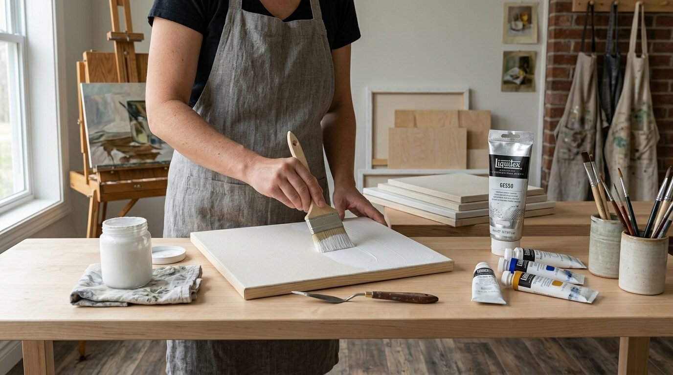 A person in a linen apron brushes white gesso primer onto a flat canvas board at a wooden studio table.
