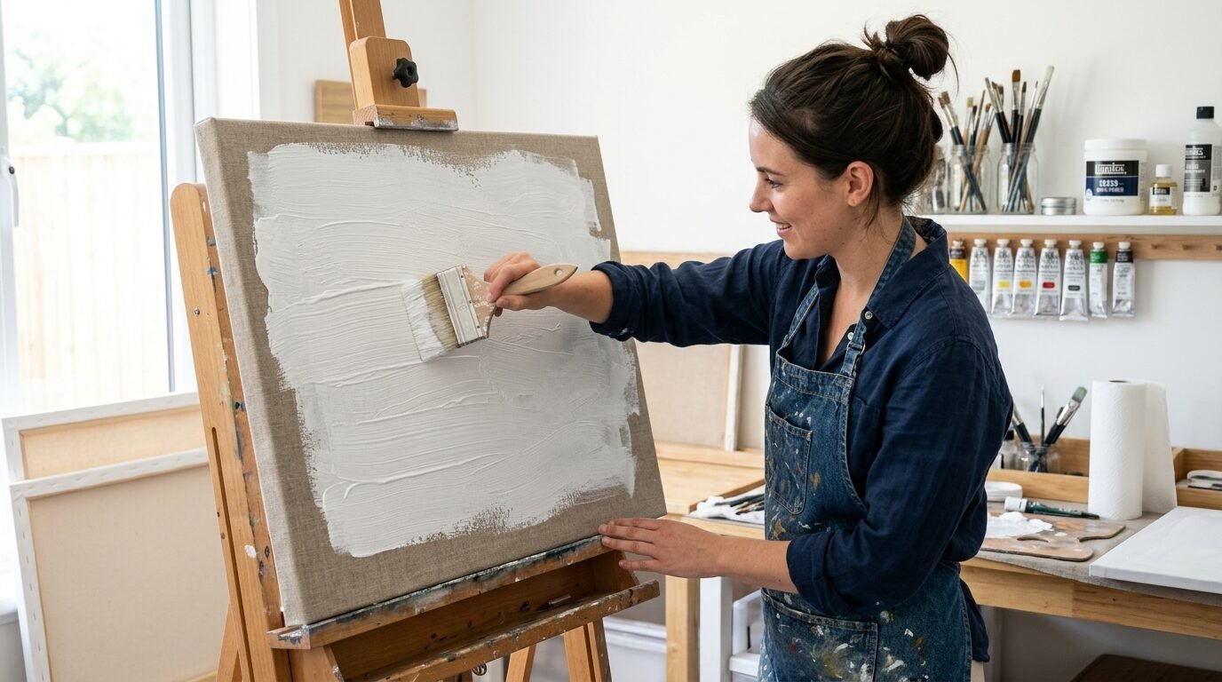 Young woman in a denim apron uses a wide brush to prime a blank linen canvas on a wooden studio easel.
