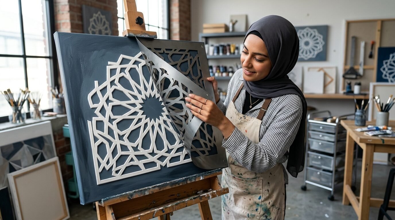 Muslim artist wearing a headscarf lifts a metallic geometric stencil off a dark canvas on an easel in her studio.
