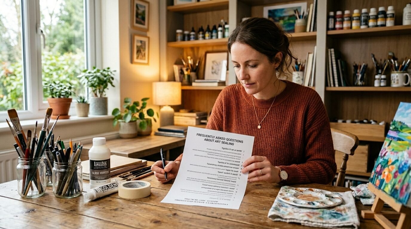 Artist in a sweater holding a document about art sealing at a wooden desk with painting supplies.