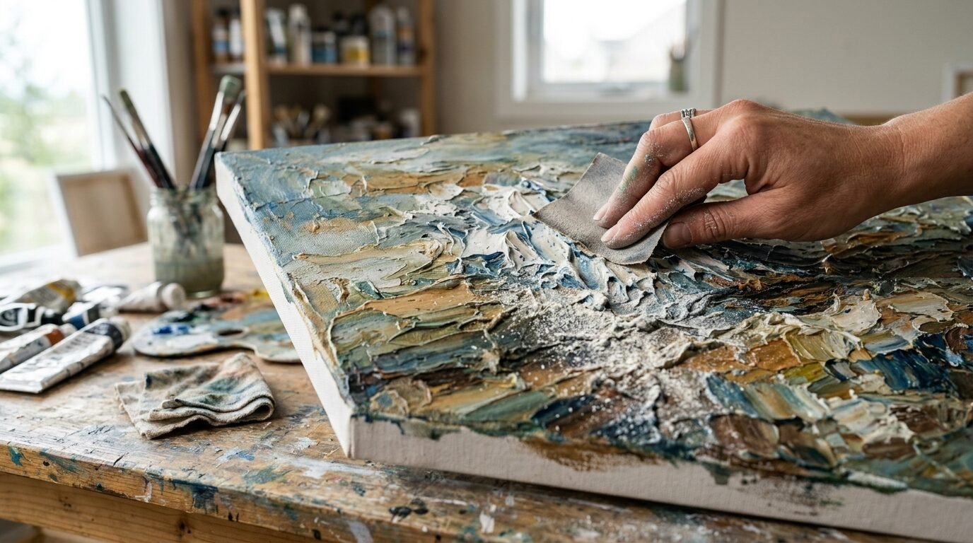 Close-up of a person's hand using sandpaper to smooth thick impasto oil paint on a canvas in a studio.