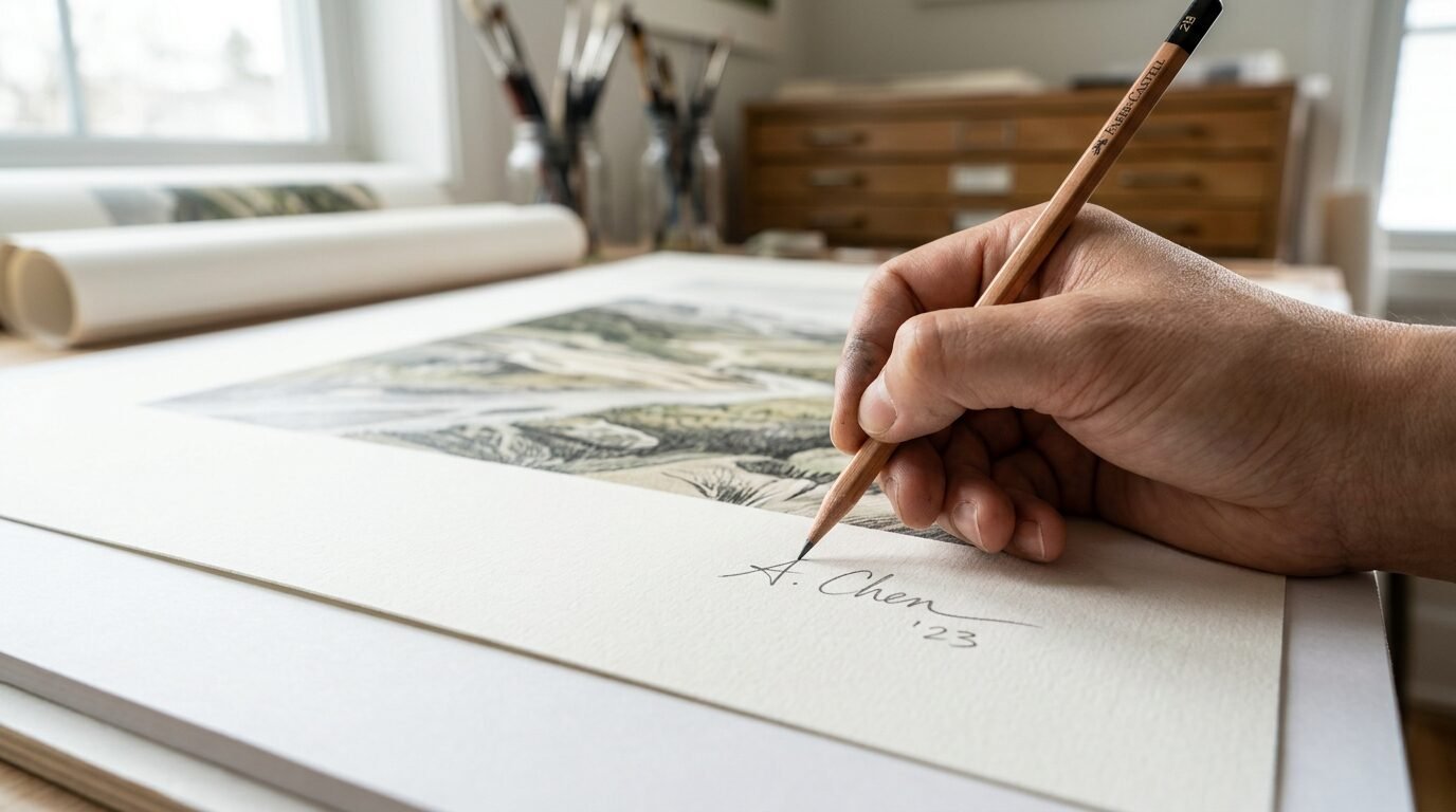 Close-up of a hand using a pencil to write a signature on the bottom corner of a textured art paper print.