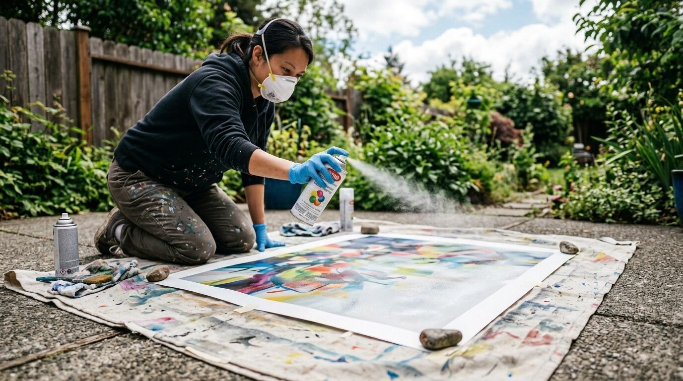 Artist in respirator mask uses spray paint on a canvas laid on the ground in a garden.