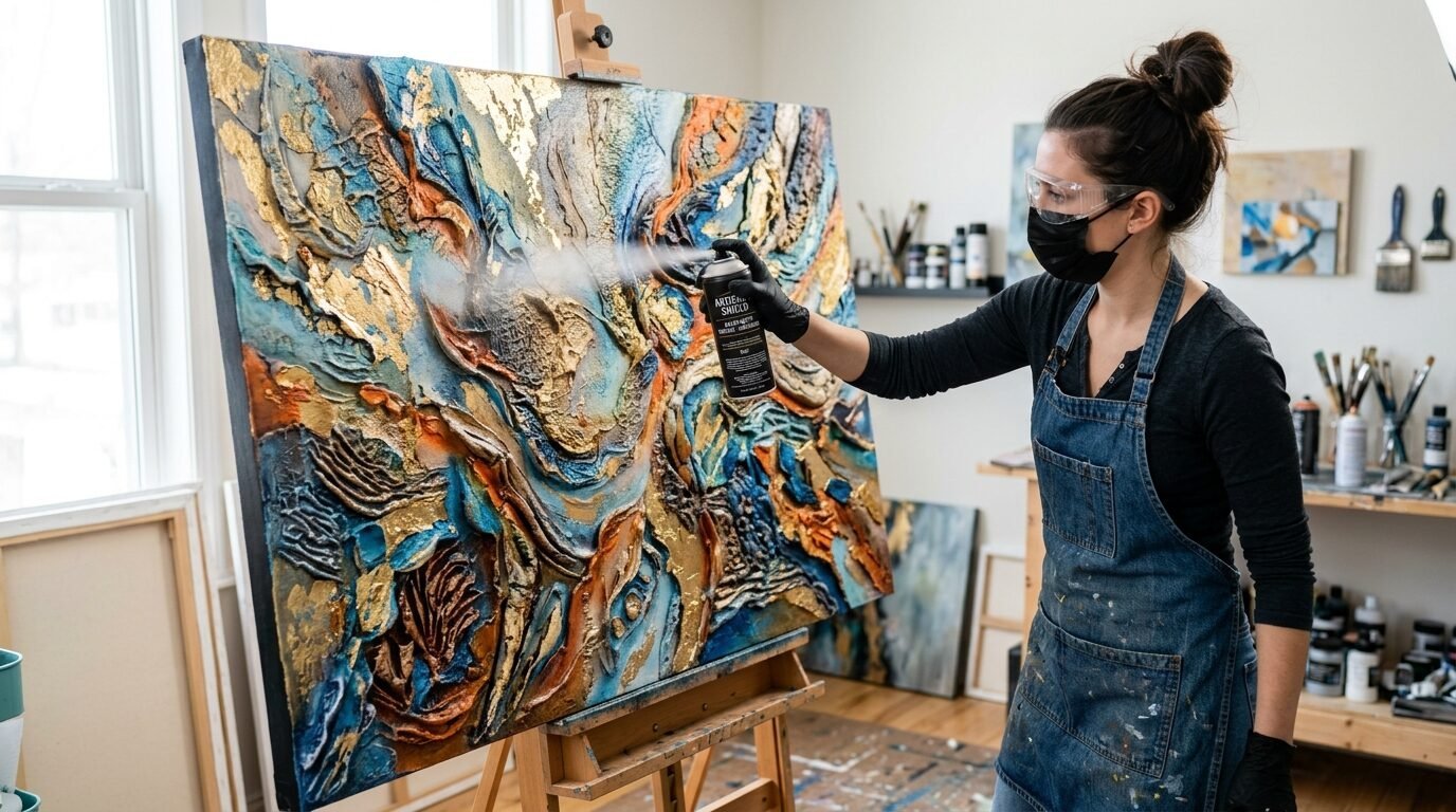 Female artist wearing a face mask and protective glasses sprays a finish onto a textured gold and blue canvas.