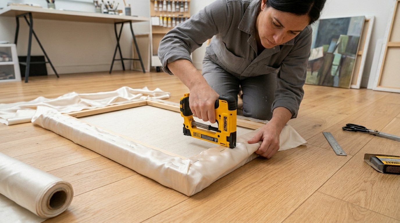 Woman in gray workwear stretches white fabric over a wooden frame using a yellow Dewalt staple gun on a floor.
