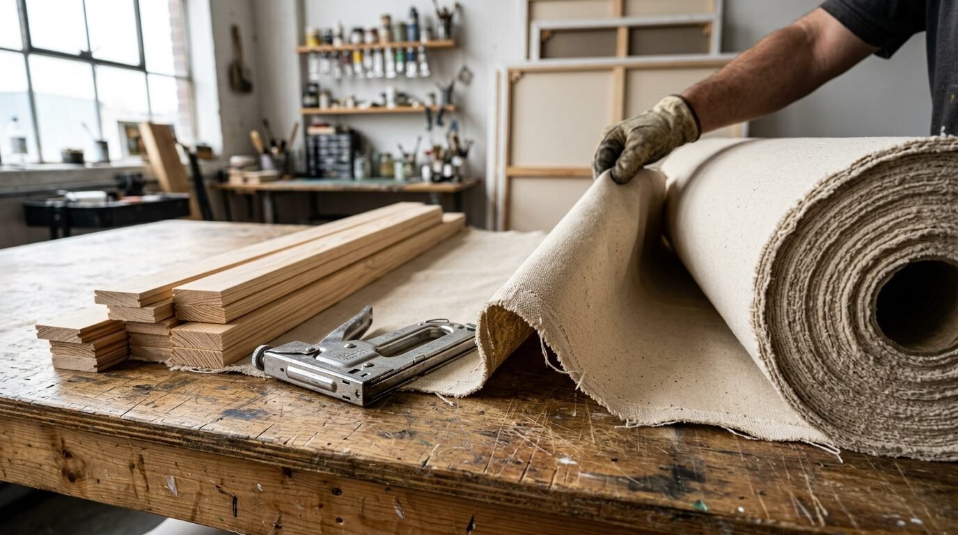 Close-up of a worker unrolling canvas fabric next to wood bars and a heavy-duty staple gun on a workbench.