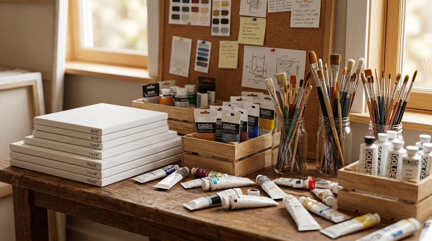 Stacks of white blank canvases alongside glass jars of paintbrushes and tubes of acrylic paint on a rustic wooden desk.