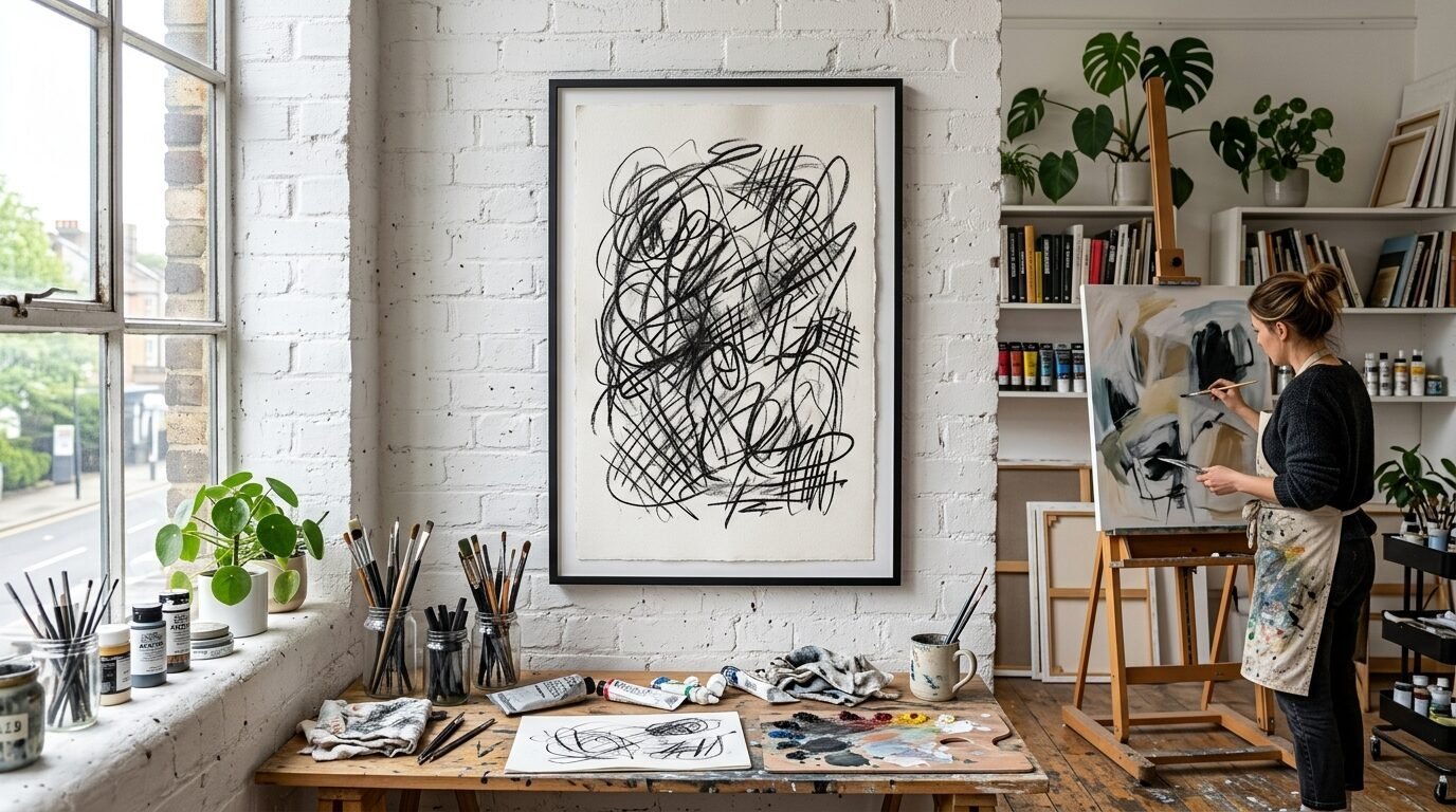 Painter wearing a messy apron painting on a canvas easel in a bright studio with wall art.