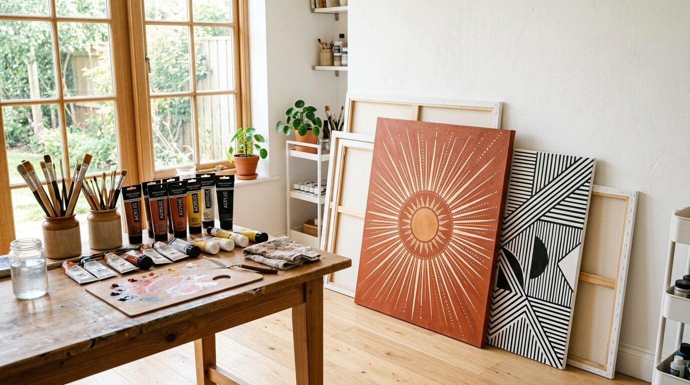 Wooden work table with acrylic paint tubes and brushes next to a large orange sun painting and black and white art.