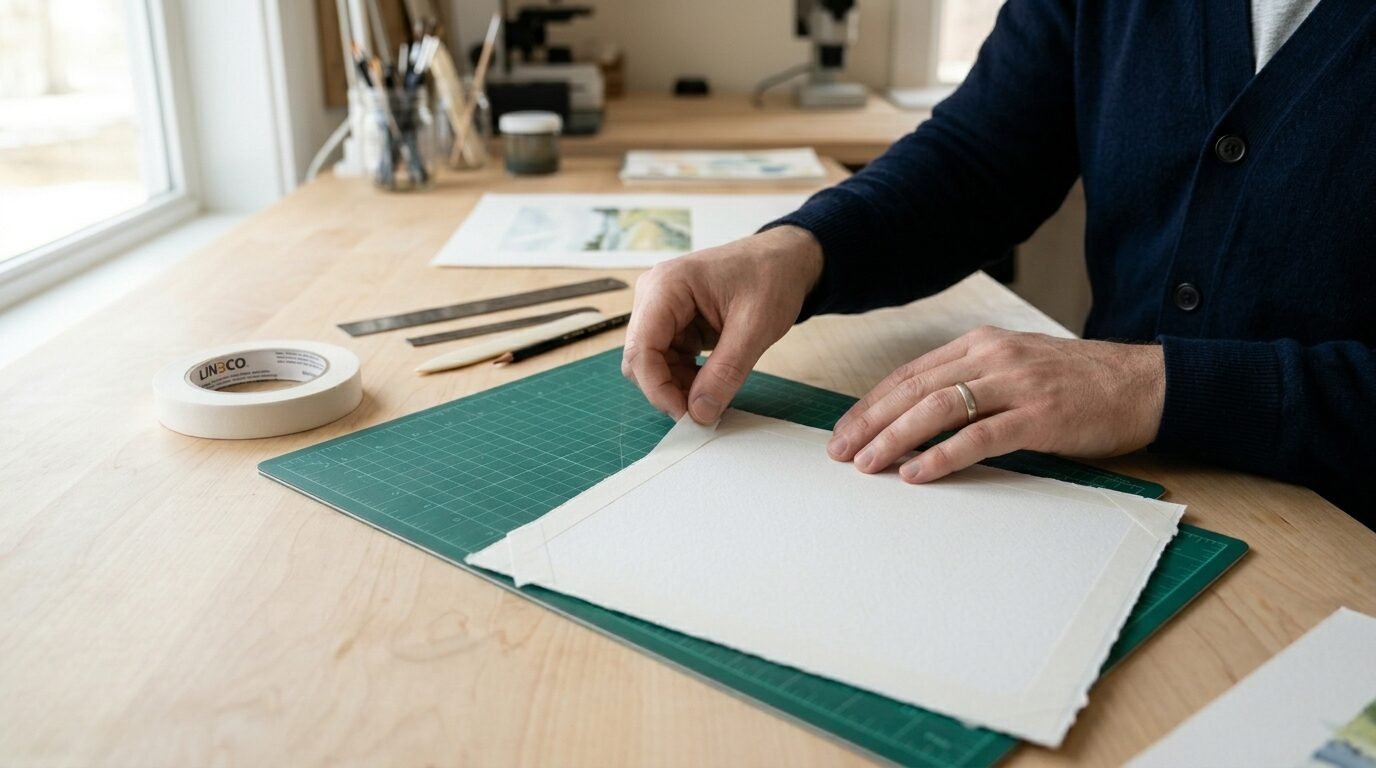 Man's hands applying white masking tape to the edge of thick art paper on a green cutting mat.