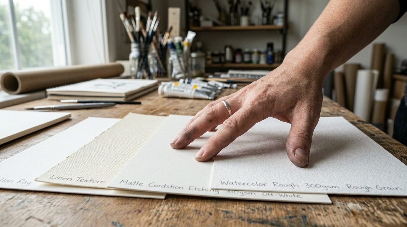 Close up of an artist checking various art paper samples with labels on a wooden desk.