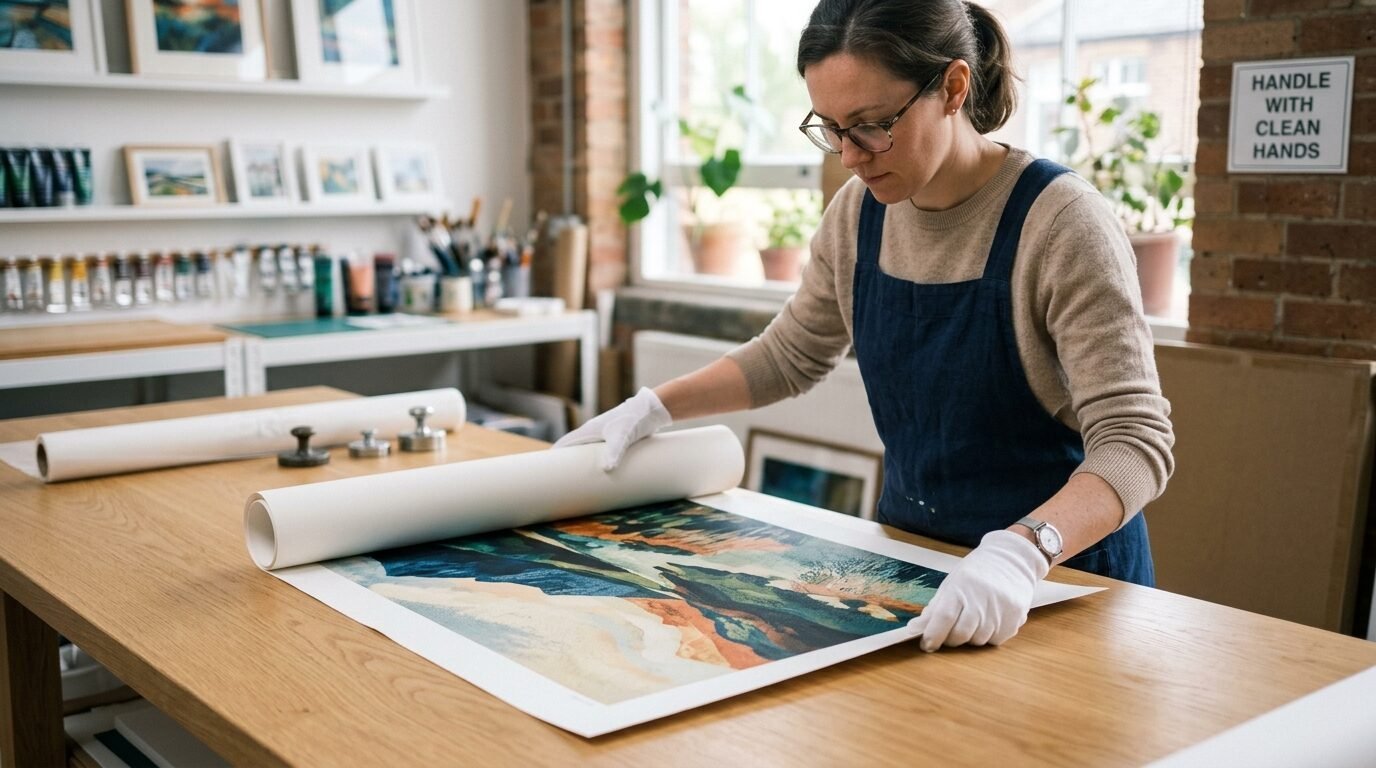 An artist wearing white protective gloves unrolls a large, vibrant painting on a wooden studio work table.