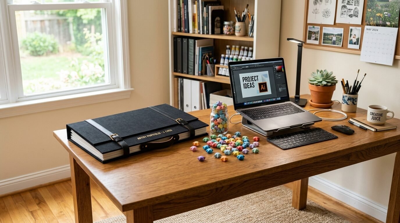 A desk with a black artist portfolio, a laptop running design software, and a jar of colorful paper stars.