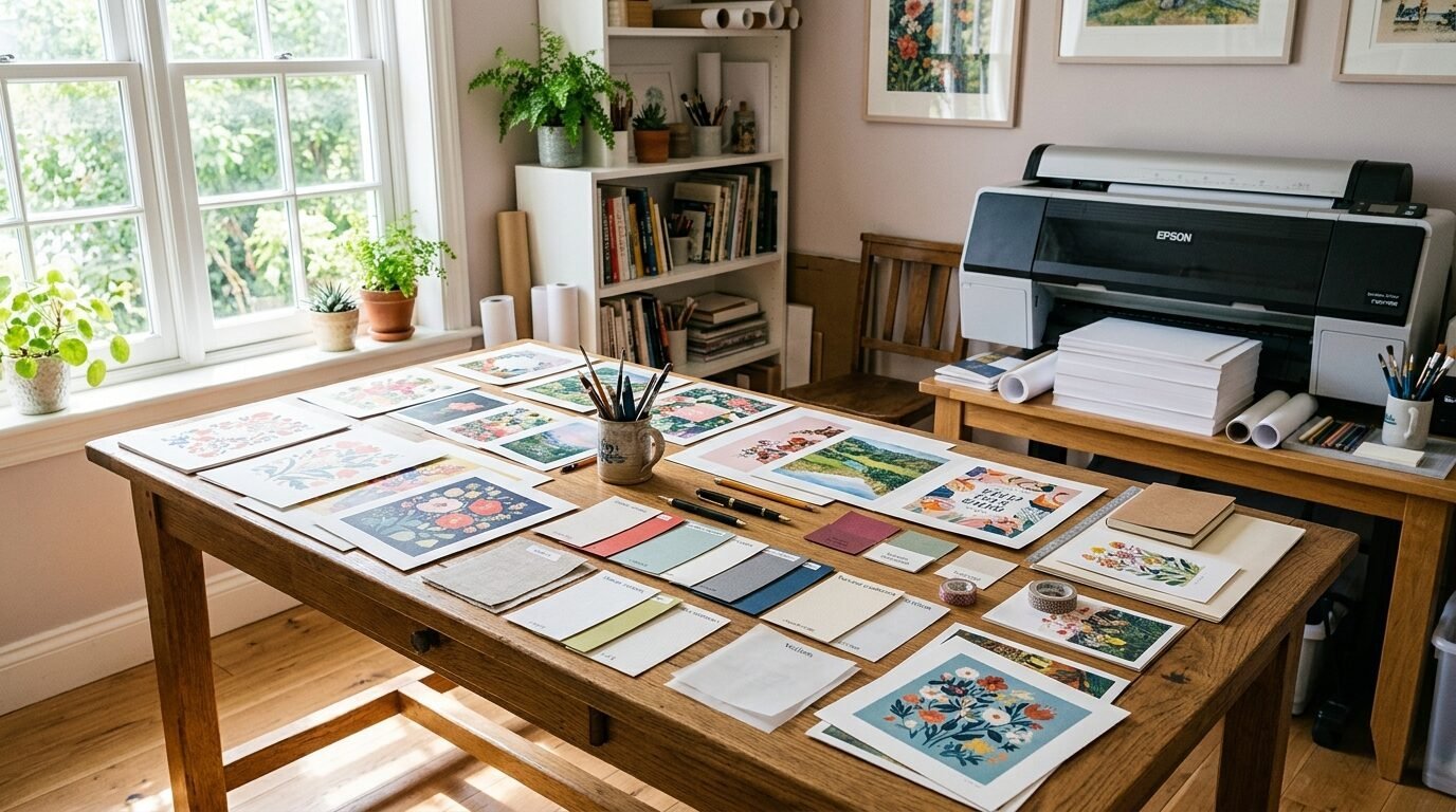An artist's wooden desk covered in scattered floral art prints, paper samples, and pens next to an Epson printer.