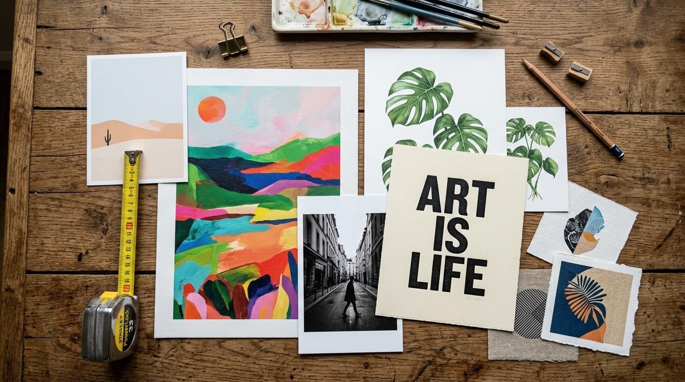 Top view of artistic prints, paintings, and creative supplies arranged on a rustic wooden desk surface.