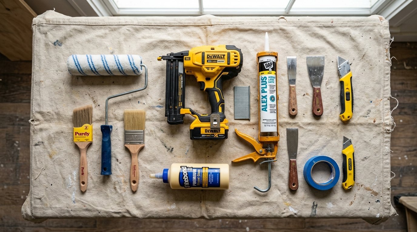 DeWalt nail gun, caulk, paint brushes, putty knives, and wood glue laid out on a drop cloth.