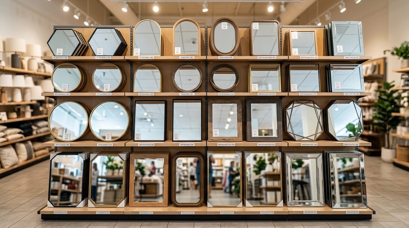 Many different shapes and sizes of decorative wall mirrors arranged on wooden shelves in a retail home store.