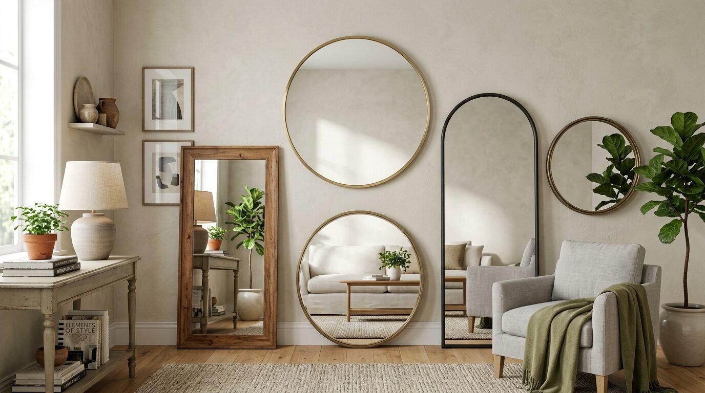 A beige wall featuring multiple round and full-length mirrors placed above a living room setting.