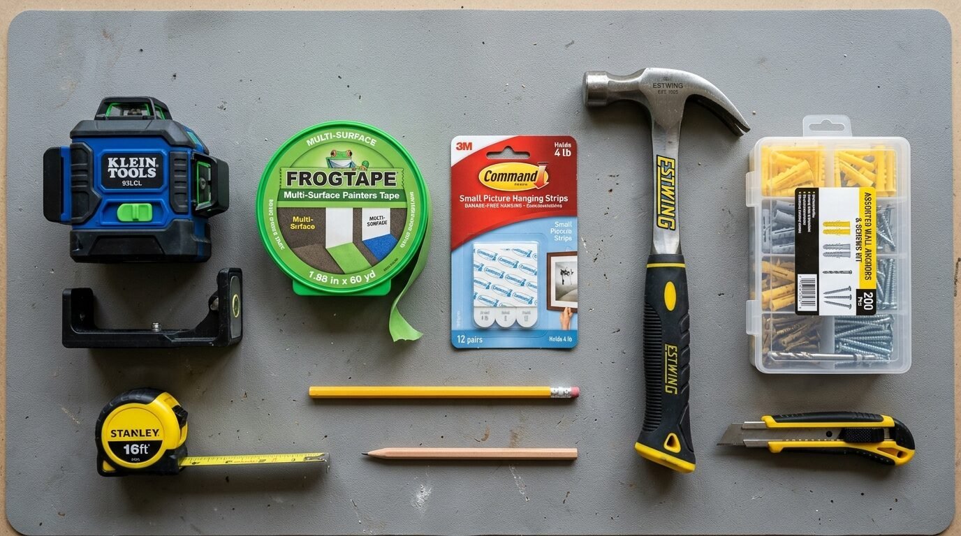 Top-down view of a laser level, tape, hammer, hanging strips, tape measure, pencils, screws, and utility knife.