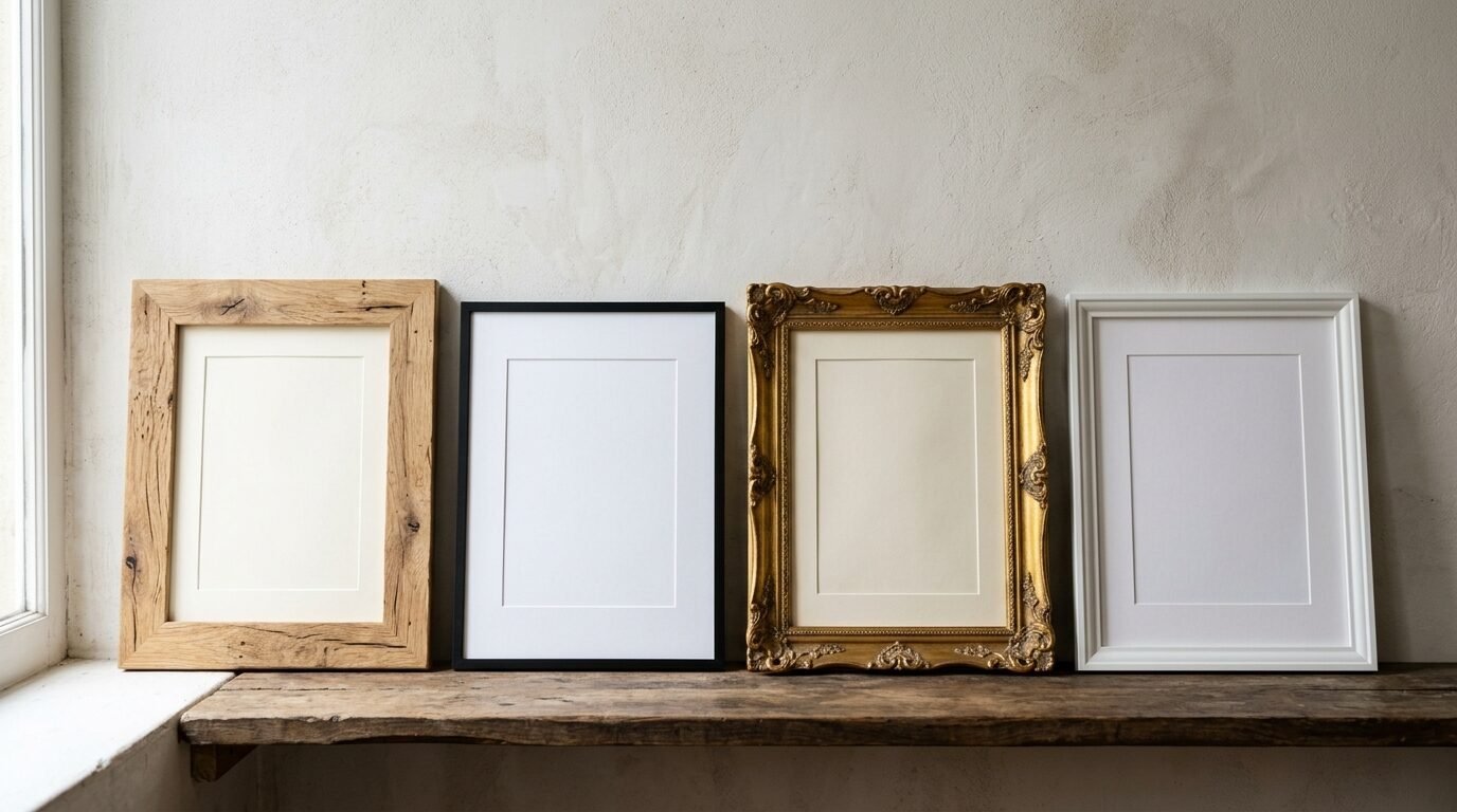 A collection of wooden, black, ornate gold, and white frames standing against a textured wall.