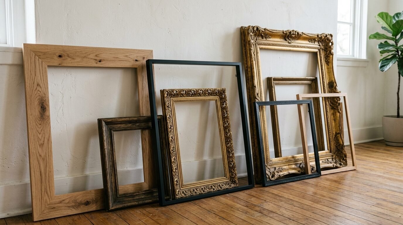Empty wooden, metal, and ornate gold picture frames displayed on a wooden floor.