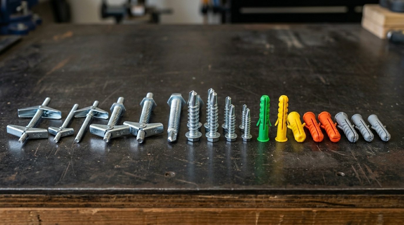 Row of metal toggle bolts, self-drilling screws, and multicolored plastic wall anchors on a black workshop table.