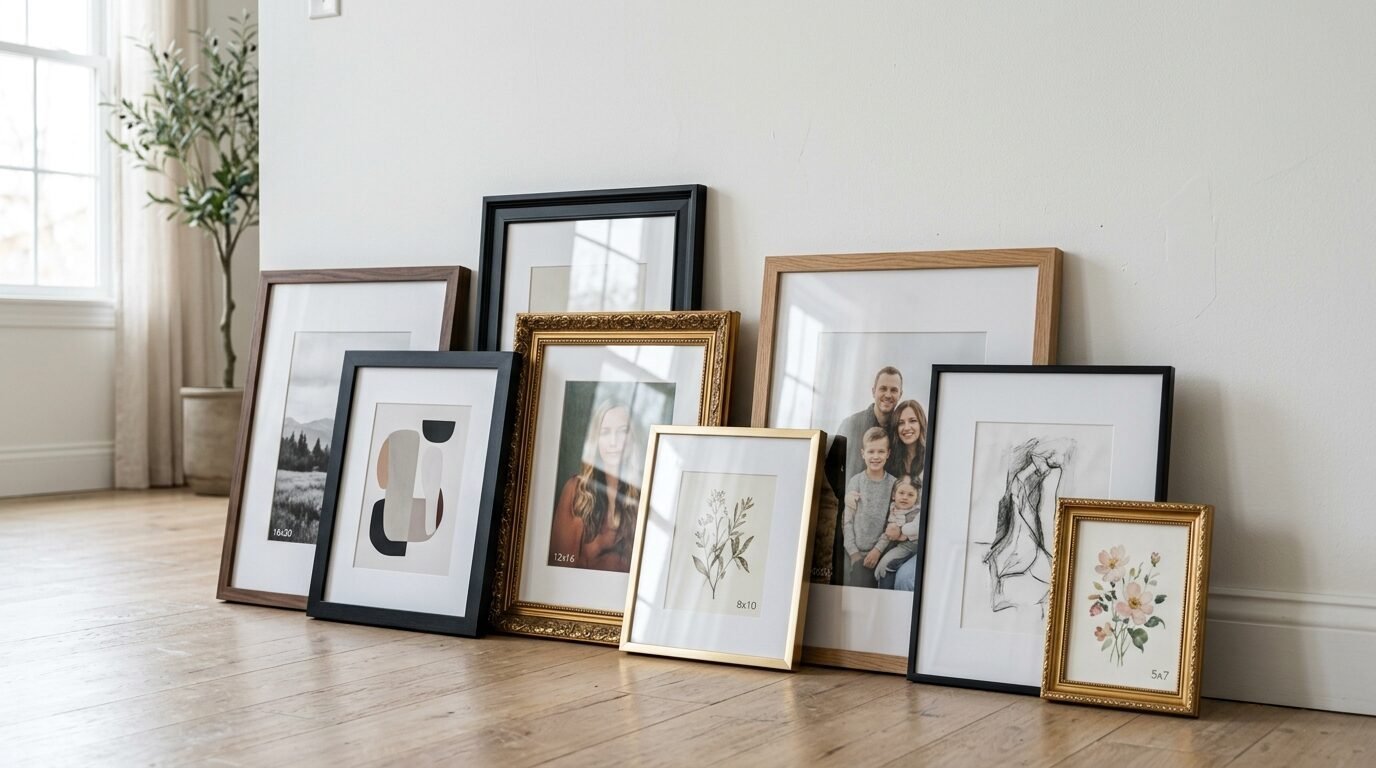 Group of diverse photo frames containing family portraits and sketches resting on a hardwood floor.