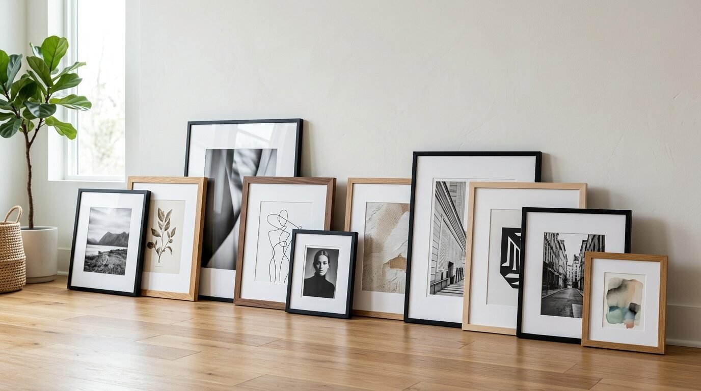 Various framed prints and photographs arranged in a line on a wooden floor next to a potted plant.