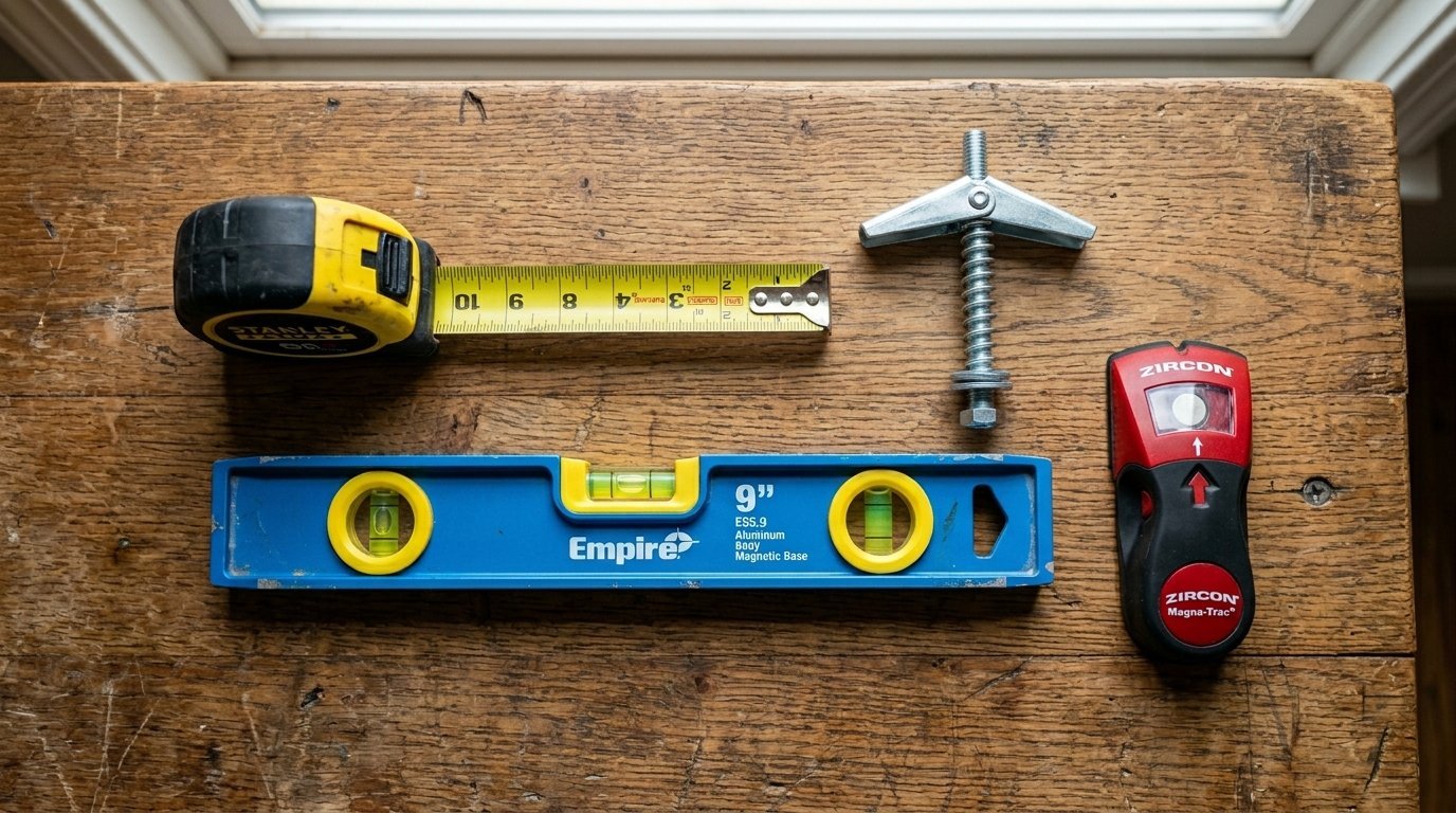 Stanley tape measure, Empire level, Zircon stud finder, and a metal toggle bolt resting on a worn wood tabletop.