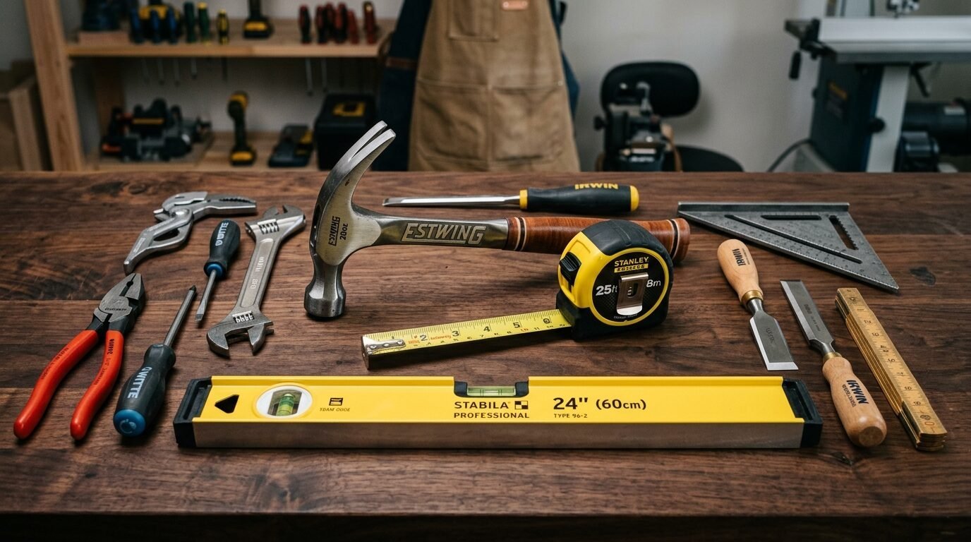 Estwing hammer, Stabila level, Stanley tape measure, and various wrenches laid out on a workshop workbench.