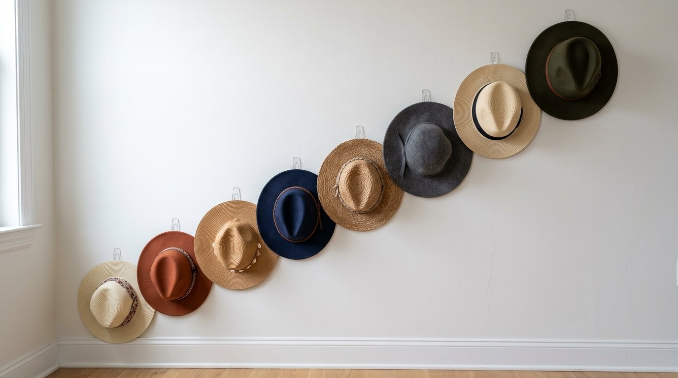 Eight various hats including straw and felt fedoras arranged in an ascending diagonal line on a plain white wall.
