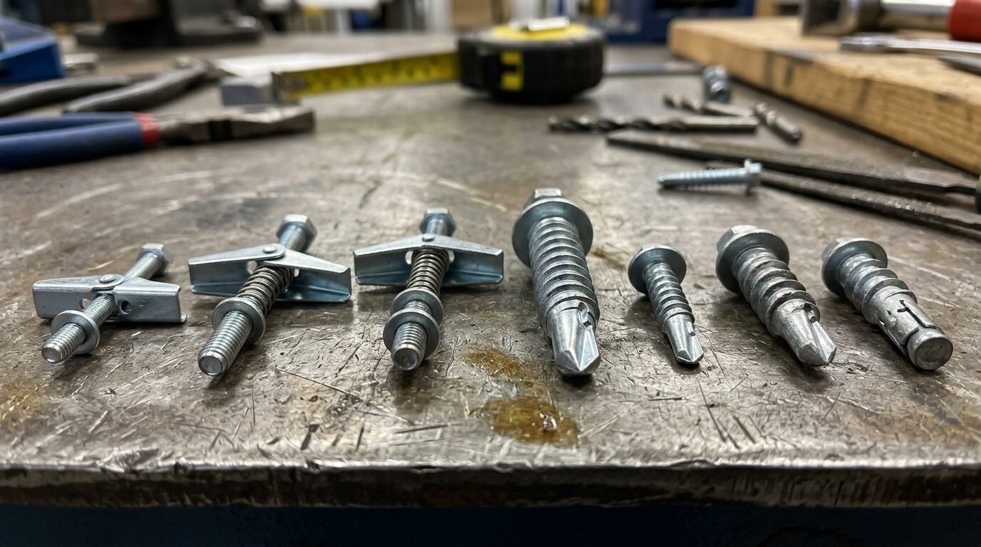 Close-up of different sized metal hardware including toggle bolts and anchors arranged on a textured shop table.
