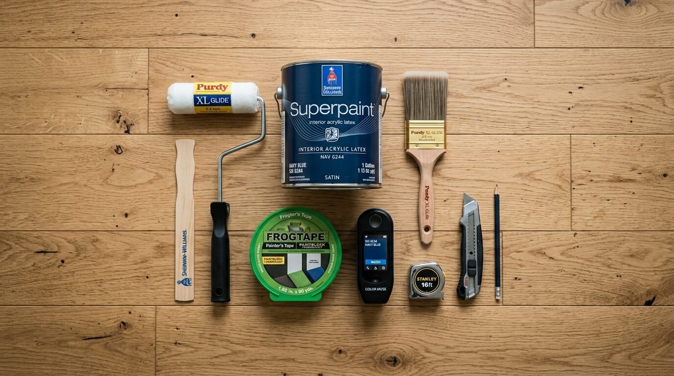 Top-down view of paint can, roller, brush, frog tape, utility knife, and measurement tools on wood flooring.