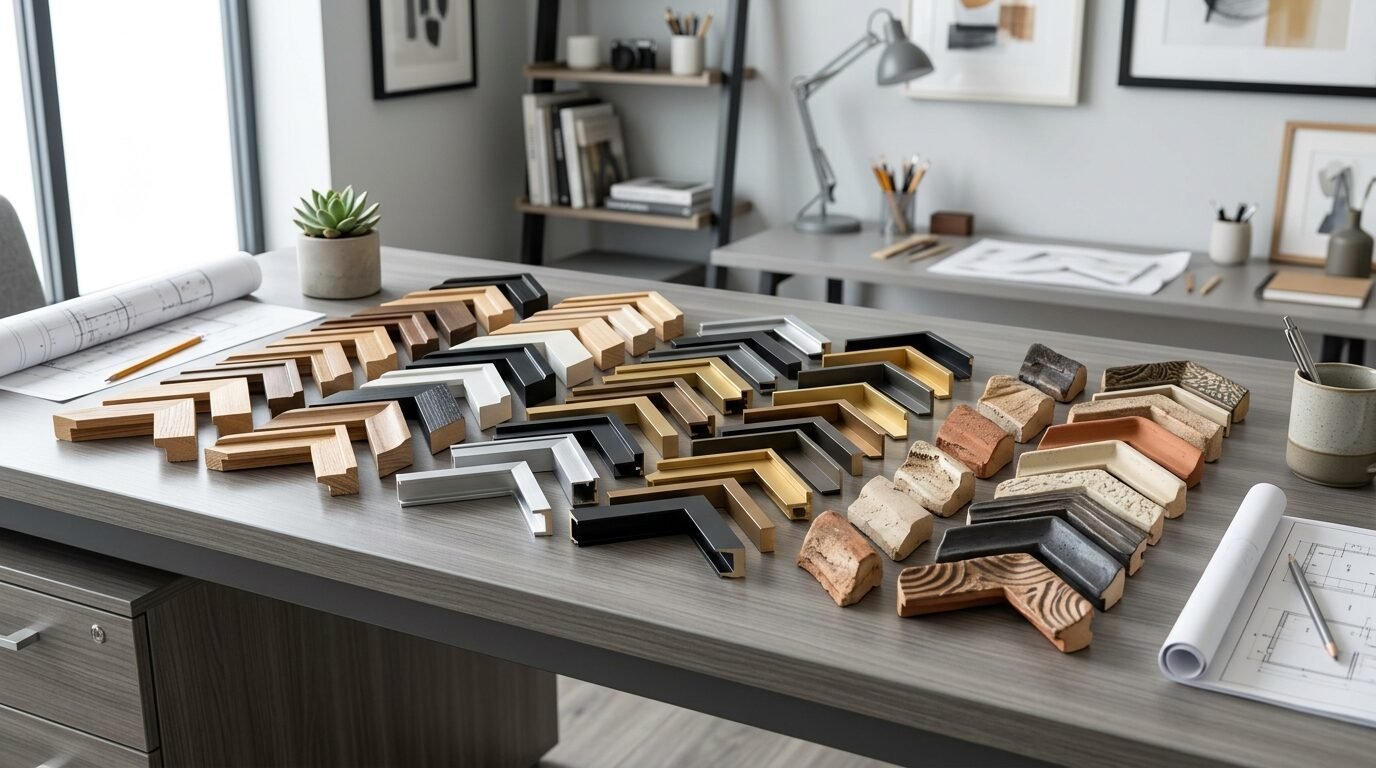 Collection of framing material corner pieces arranged on a grey office desk with blueprints.