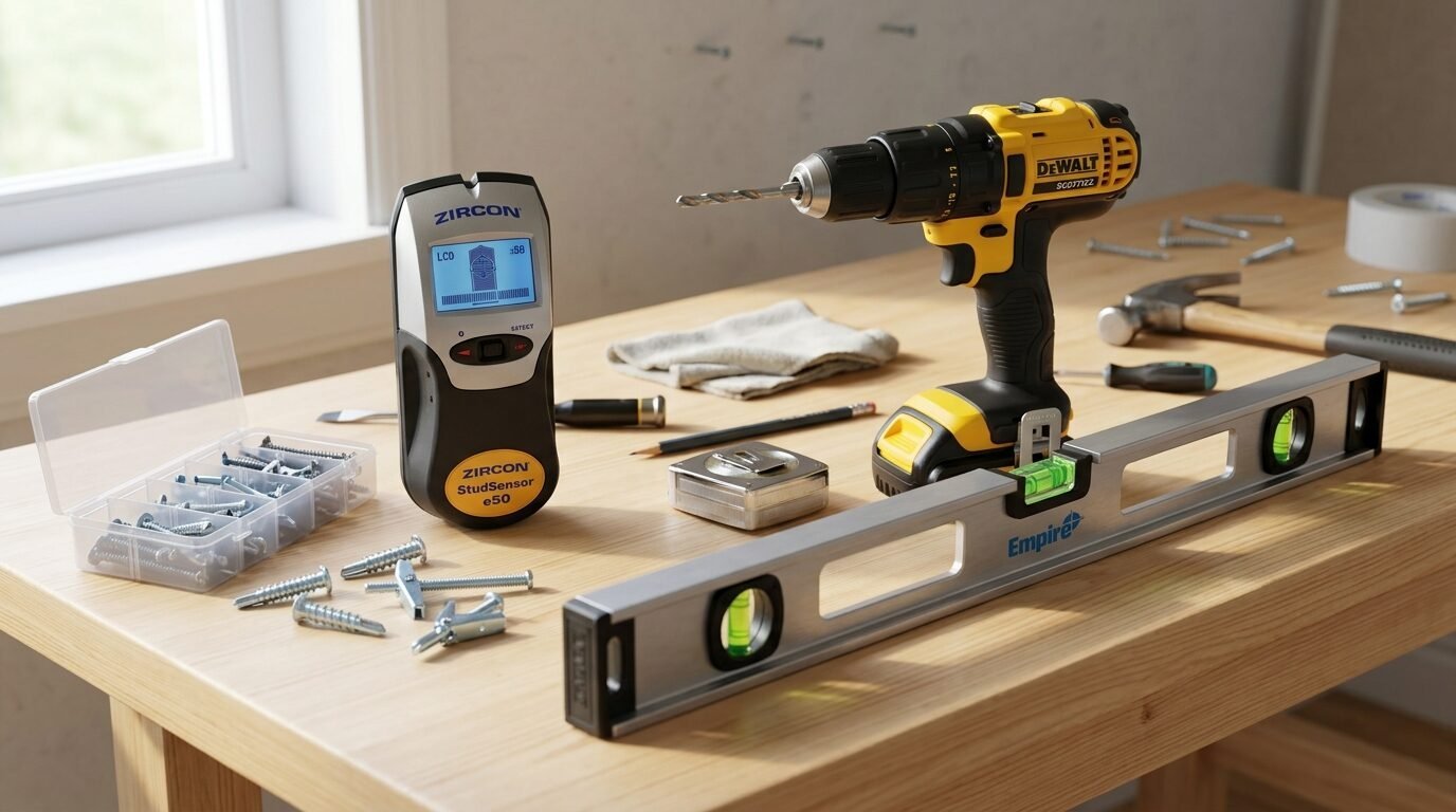 Zircon stud sensor, Dewalt drill, and Empire level laying on a wood workshop table.