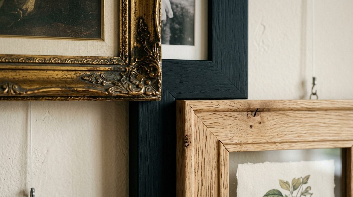 Close-up view of overlapping picture frames including ornate gold, solid black, and natural oak wood textures.