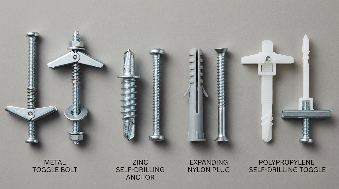 Top-down view of toggle bolts, self-drilling anchors, and nylon plugs arranged on a neutral grey background.