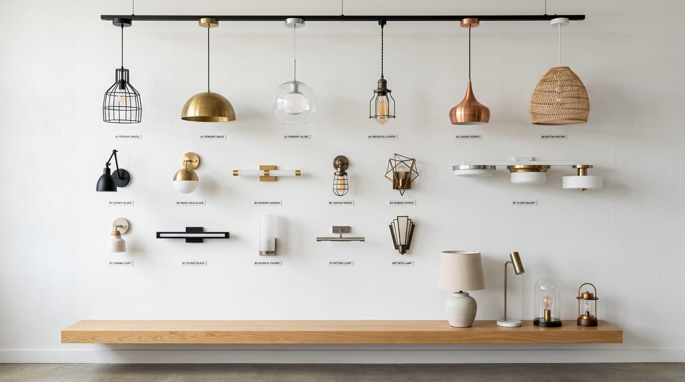 Collection of various interior light fixtures arranged on a white wall above a wooden shelf.