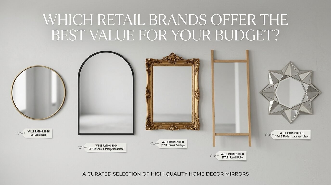 A lineup of five distinct wall mirrors with price value ratings and style labels hanging on a neutral gray wall.