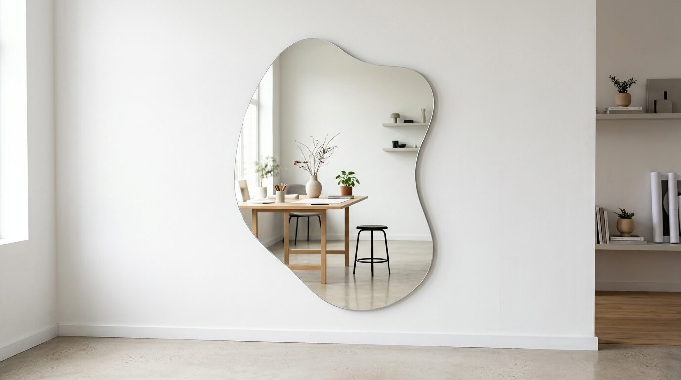 A wavy, asymmetrical mirror hanging on a plain white wall reflecting a wooden table and home office decor.
