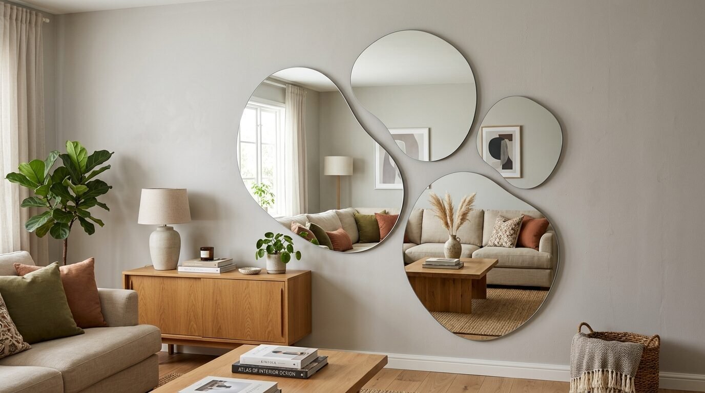Group of three irregular circular wall mirrors mounted on a grey wall above a wooden console table.