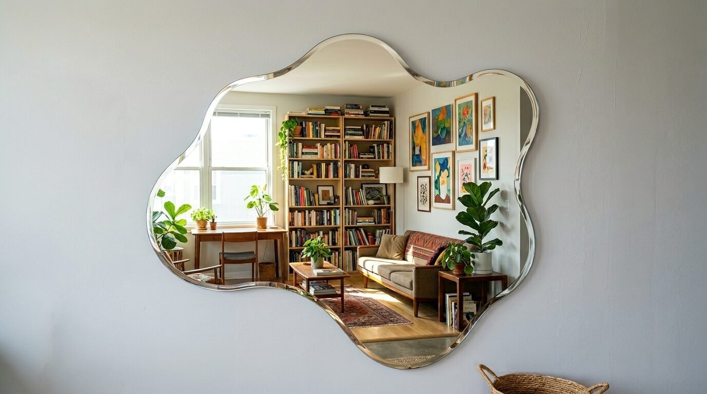 An organic shaped, frameless mirror mounted on a white wall showing a reflection of a home library and living area.