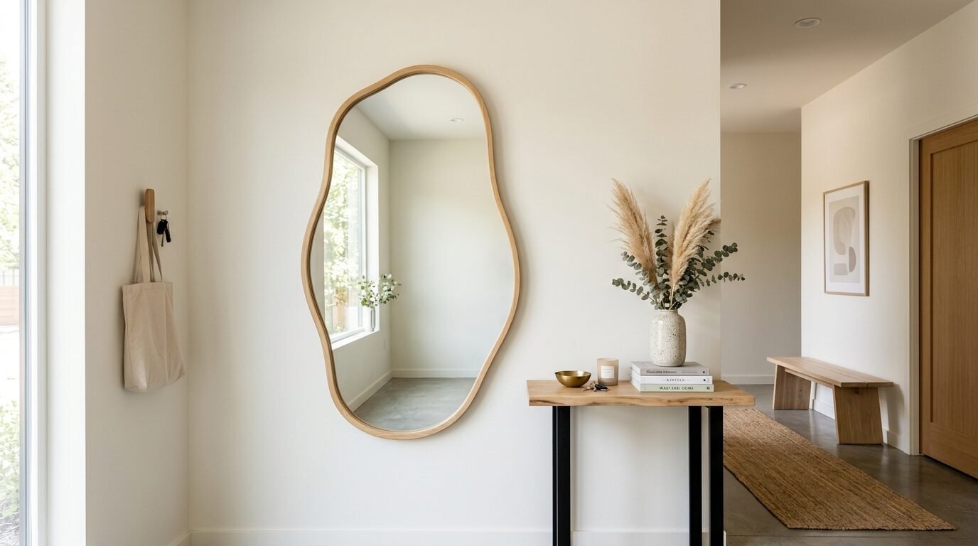 Modern hallway with an asymmetrical wooden mirror, console table, dried plants, and a wooden bench.