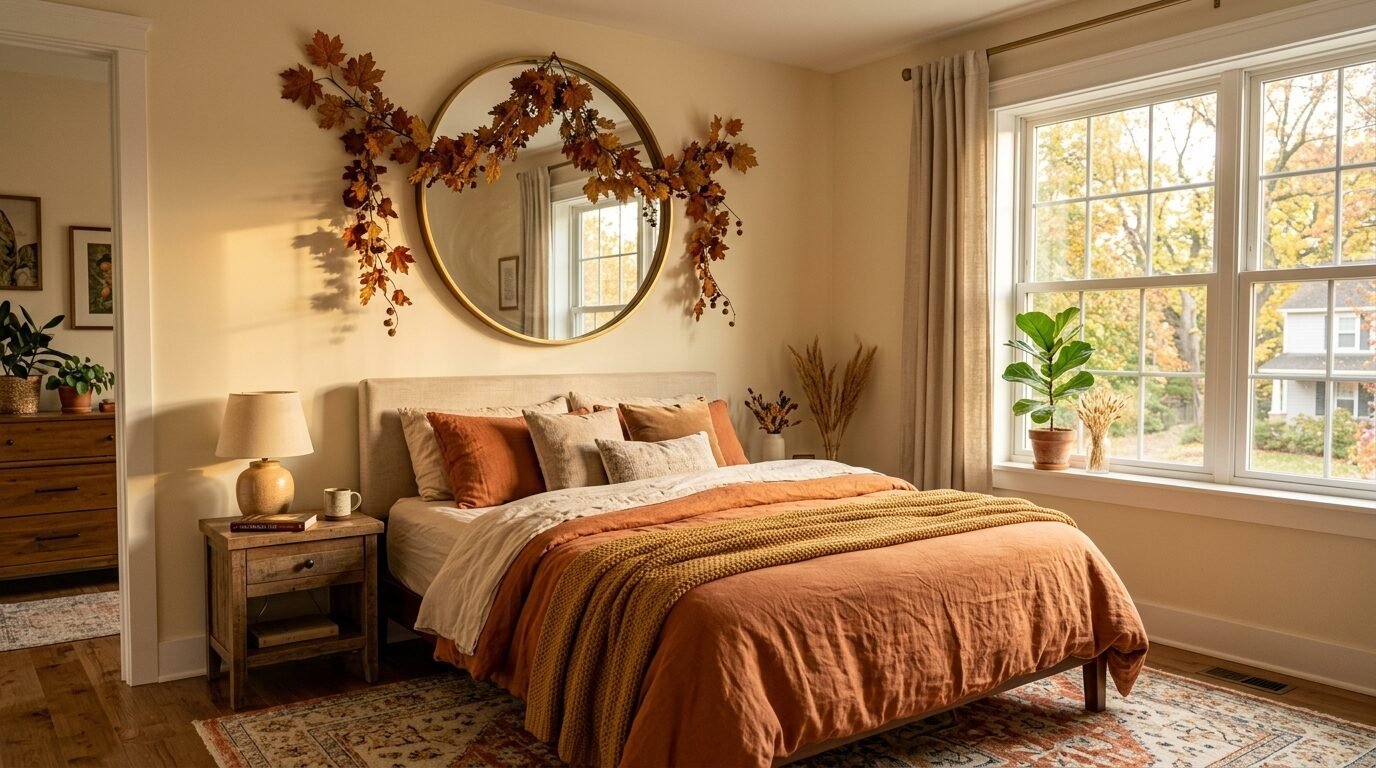 A bedroom with an orange linen bed, autumn foliage around a circular mirror, and sunlight through the window.