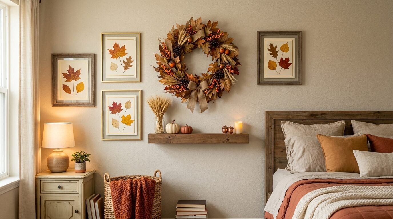 A rustic bedroom wall featuring a fall wreath, floating shelf with pumpkins, and framed pressed leaves.