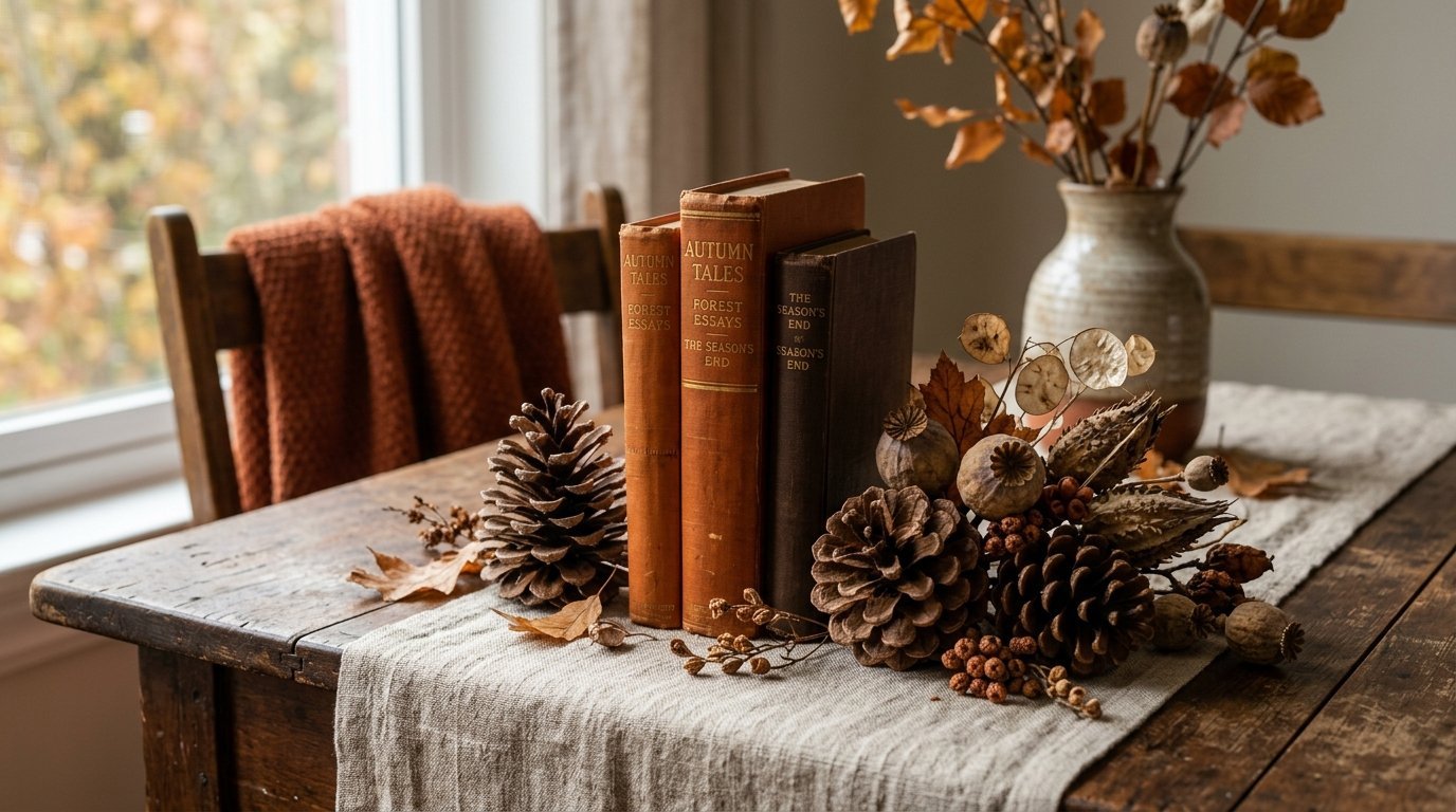 Vintage books paired with pinecones and dried seed pods on a rustic linen table runner.
