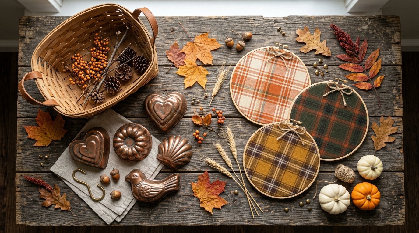 Flat lay of plaid fabric embroidery hoops, vintage copper baking molds, and fall leaves on a weathered wooden surface.