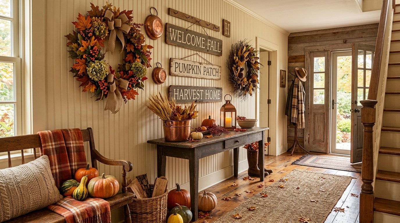 A farmhouse entryway with fall harvest decor, featuring a wood bench, wall signs, and pumpkins on the floor.