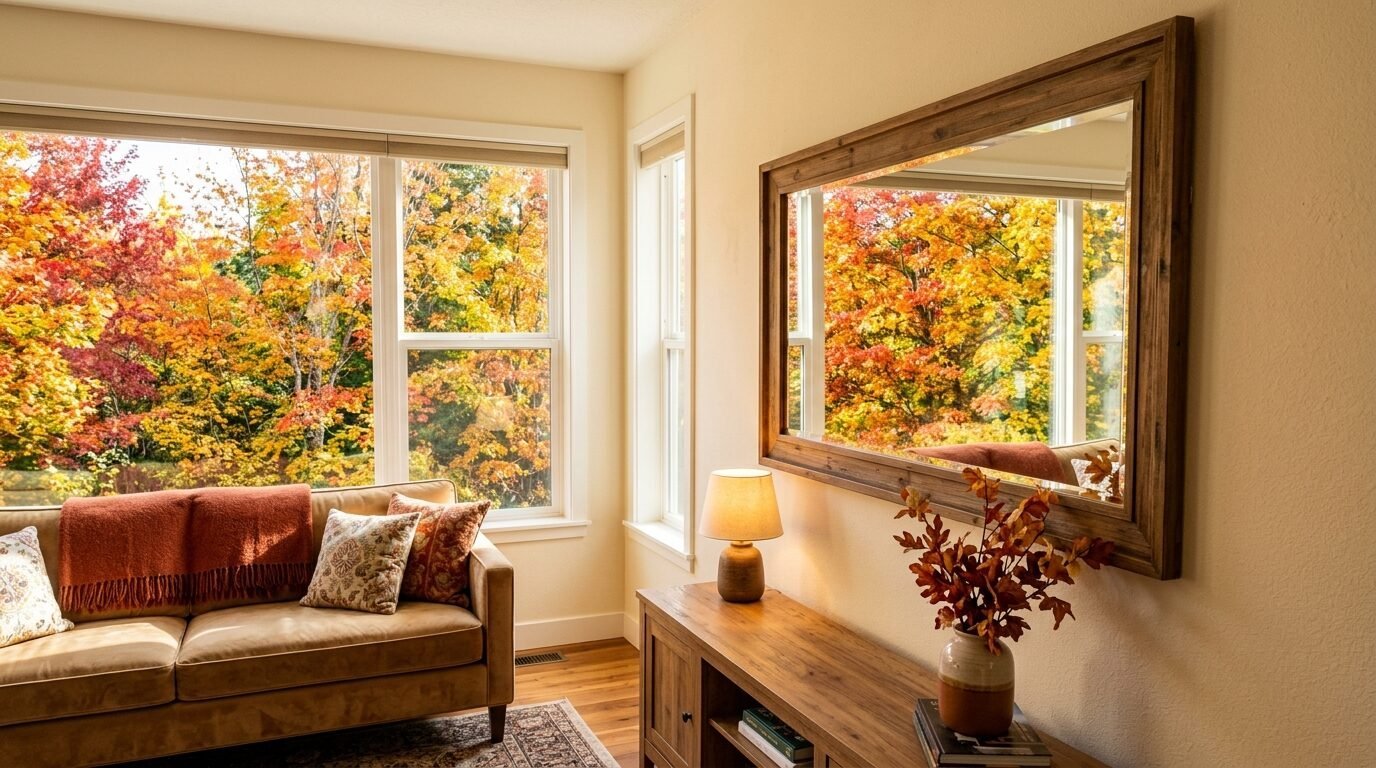 A sunlit living room with a couch facing windows looking out at bright red and yellow fall leaves.